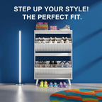 Geometric shoe cabinet open drawers